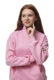 Photo of Happy teenage girl posing on white background