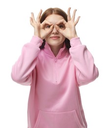 Photo of Happy teenage girl posing on white background
