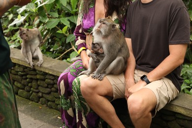 Photo of Woman and man with cute monkeys sitting on stone bench outdoors