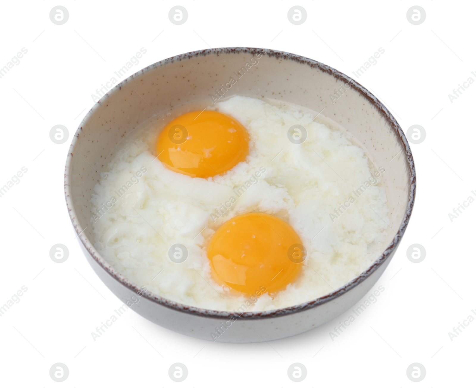 Half-boiled eggs in bowl isolated on white. Traditional asian breakfast Photo of Half-boiled eggs in bowl isolated on white. Traditional asian breakfast