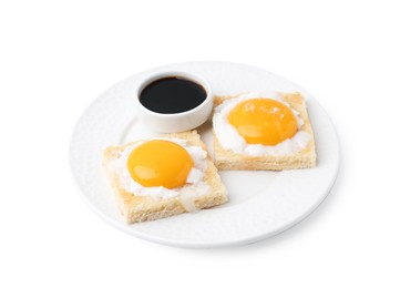 Photo of Tasty kaya toasts with half-boiled eggs and soy sauce isolated on white. Traditional asian breakfast