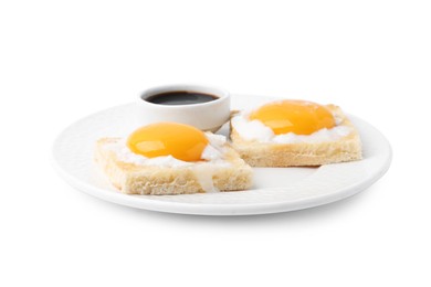 Photo of Tasty kaya toasts with half-boiled eggs and soy sauce isolated on white. Traditional asian breakfast