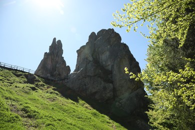 Photo of Picturesque view of mountains, rocky cliff and forest on sunny day