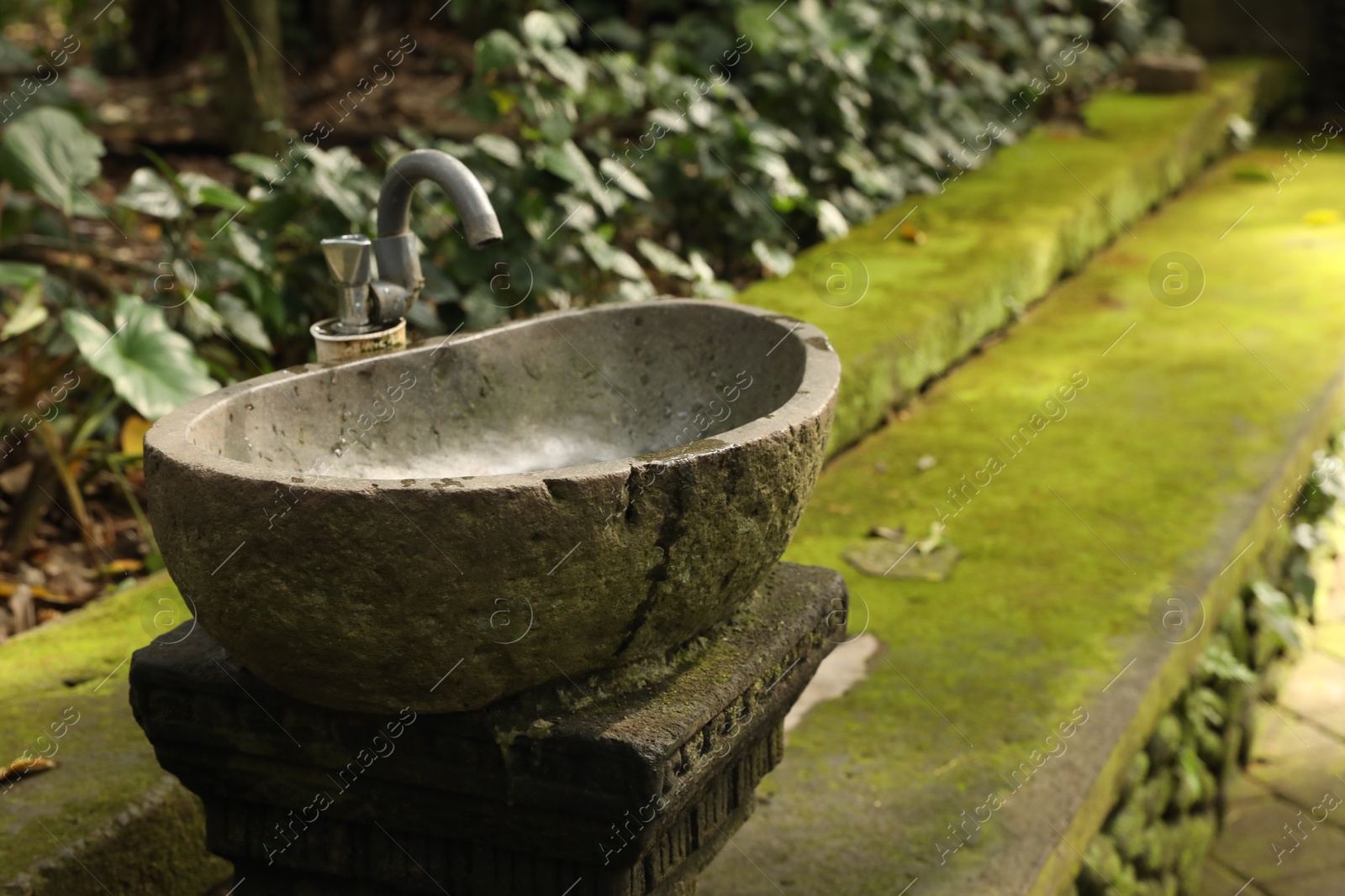 Stone washbasin in park on summer day Photo of Stone washbasin in park on summer day