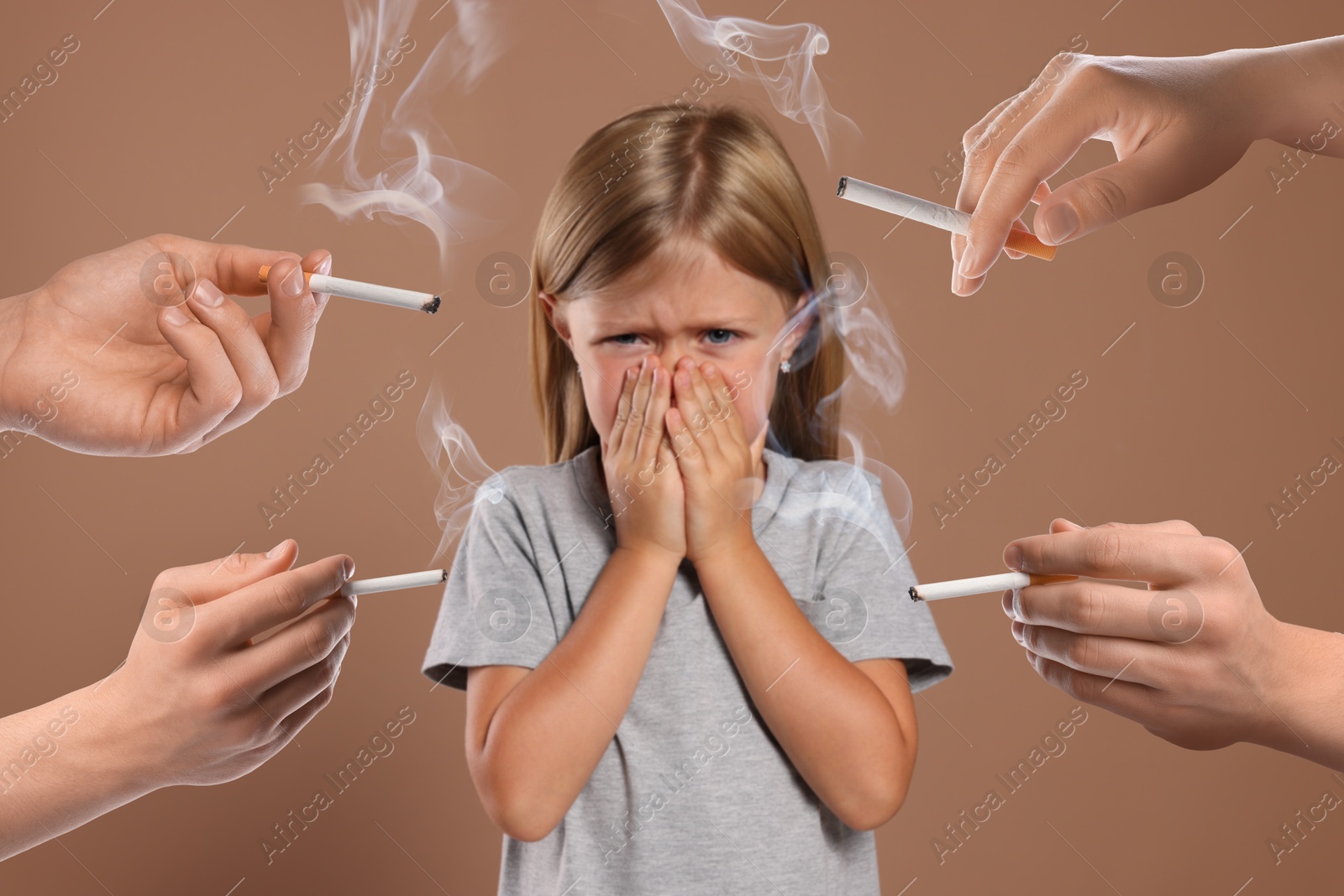 Passive smoking. Little girl covering her nose with hands because of people smoking nearby on pale brown background Image of Passive smoking. Little girl covering her nose with hands because of people smoking nearby on pale brown background
