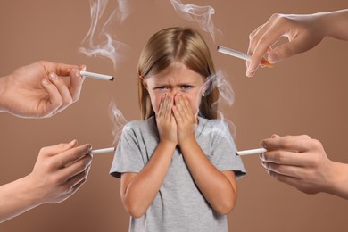 Image of Passive smoking. Little girl covering her nose with hands because of people smoking nearby on pale brown background