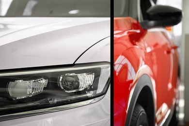 Image of Modern white auto before and red after painting, closeup. Comparative collage of car repaint