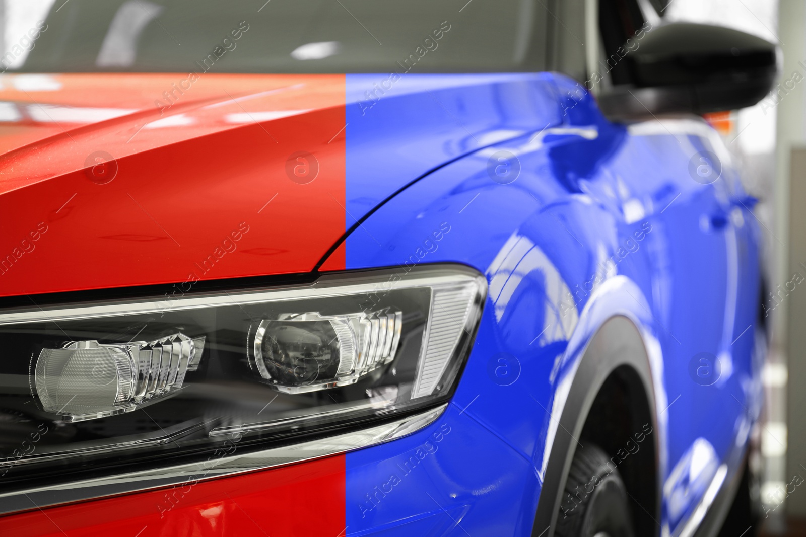 Modern red auto before and blue after painting, closeup. Comparative collage of car repaint Image of Modern red auto before and blue after painting, closeup. Comparative collage of car repaint