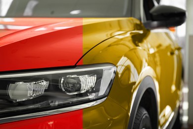 Image of Modern red auto before and golden after painting, closeup. Comparative collage of car repaint