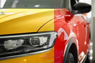 Image of Modern yellow auto before and red after painting, closeup. Comparative collage of car repaint