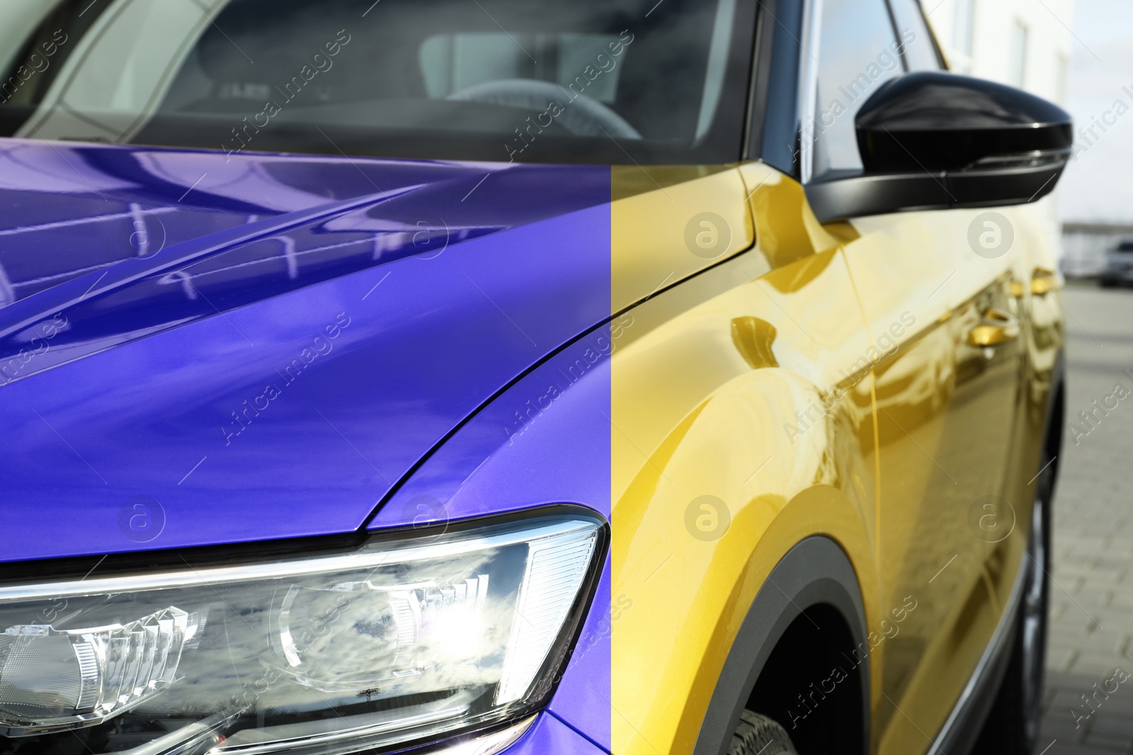 Modern blue auto before and yellow after painting, closeup. Comparative collage of car repaint Image of Modern blue auto before and yellow after painting, closeup. Comparative collage of car repaint