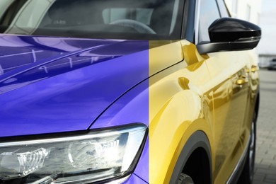 Image of Modern blue auto before and yellow after painting, closeup. Comparative collage of car repaint