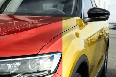 Image of Modern red auto before and yellow after painting, closeup. Comparative collage of car repaint