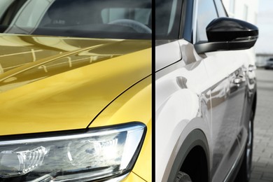 Image of Modern yellow auto before and white after painting, closeup. Comparative collage of car repaint