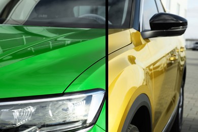 Image of Modern green auto before and yellow after painting, closeup. Comparative collage of car repaint