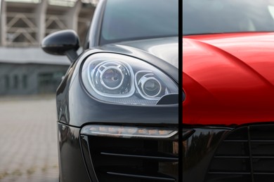 Image of Modern black auto before and red after painting outdoors, closeup. Comparative collage of car repaint