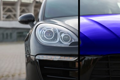 Image of Modern black auto before and blue after painting outdoors, closeup. Comparative collage of car repaint
