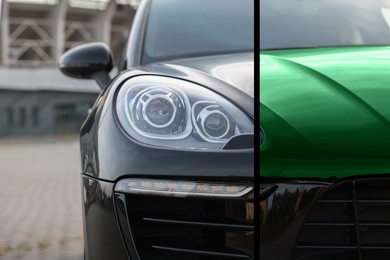 Image of Modern black auto before and green after painting outdoors, closeup. Comparative collage of car repaint