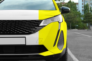 Image of Modern white auto before and yellow after painting outdoors, closeup. Comparative collage of car repaint