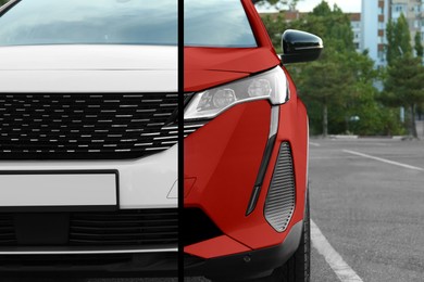 Image of Modern white auto before and red after painting outdoors, closeup. Comparative collage of car repaint