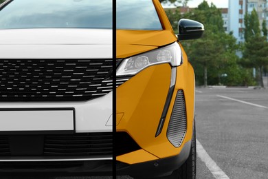 Image of Modern white auto before and orange after painting outdoors, closeup. Comparative collage of car repaint