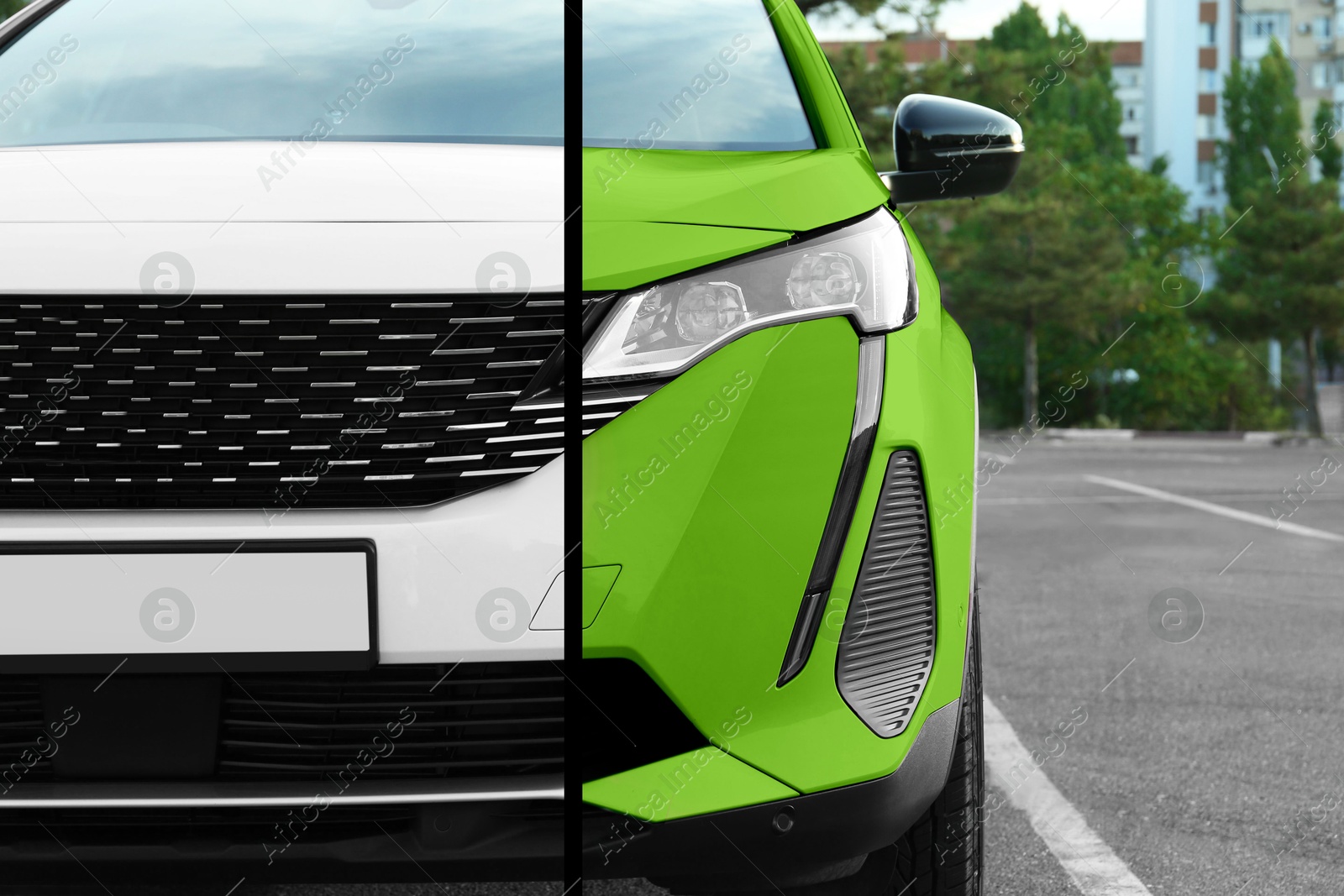 Modern white auto before and green after painting outdoors, closeup. Comparative collage of car repaint Image of Modern white auto before and green after painting outdoors, closeup. Comparative collage of car repaint