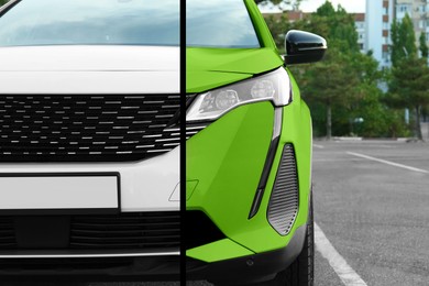 Image of Modern white auto before and green after painting outdoors, closeup. Comparative collage of car repaint