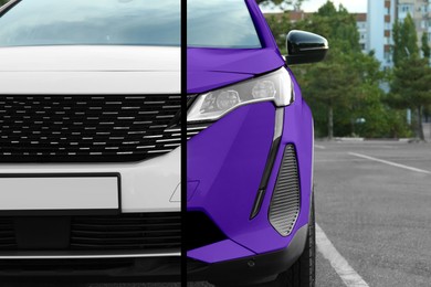 Image of Modern white auto before and purple after painting outdoors, closeup. Comparative collage of car repaint