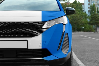 Image of Modern white auto before and blue after painting outdoors, closeup. Comparative collage of car repaint