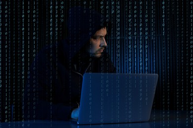 Image of Cyber attack. Hacker working on laptop against dark background. Binary code around him