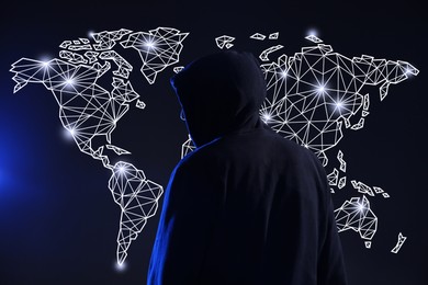 Image of Cyber attack. Anonymous hacker in front of virtual screen with digital world map