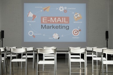 Image of Empty chairs in front of projection screen with E-mail marketing scheme in conference room