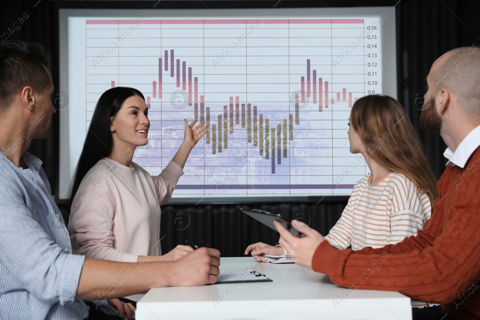 Business people having conference using video projector. Graph on projection screen Image of Business people having conference using video projector. Graph on projection screen