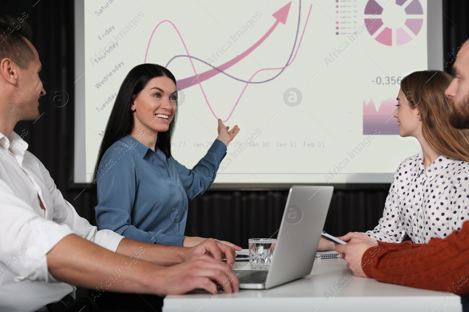 Business people having conference using video projector. Graphs on projection screen Image of Business people having conference using video projector. Graphs on projection screen