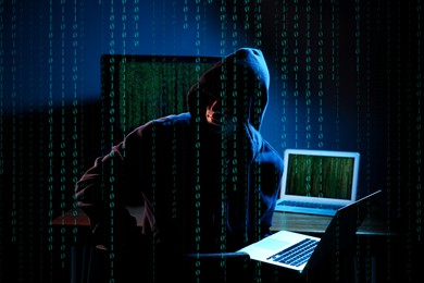 Image of Cyber attack. Hacker working on computers in dark room. Binary code around him