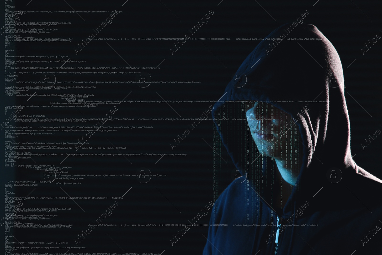 Cyber attack. Anonymous hacker and digital code on virtual screen against black background Image of Cyber attack. Anonymous hacker and digital code on virtual screen against black background