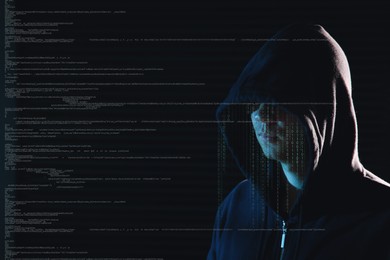 Image of Cyber attack. Anonymous hacker and digital code on virtual screen against black background