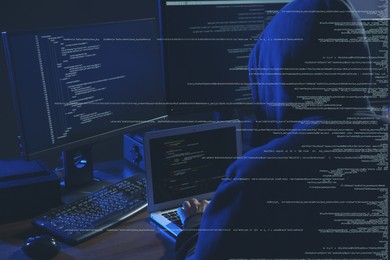 Image of Cyber attack. Hacker working on computers in dark room. Digital code around him