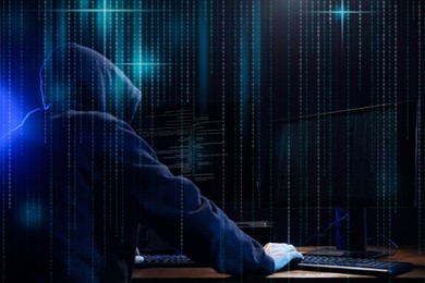 Image of Cyber attack. Hacker working on computers in dark room. Binary code around him