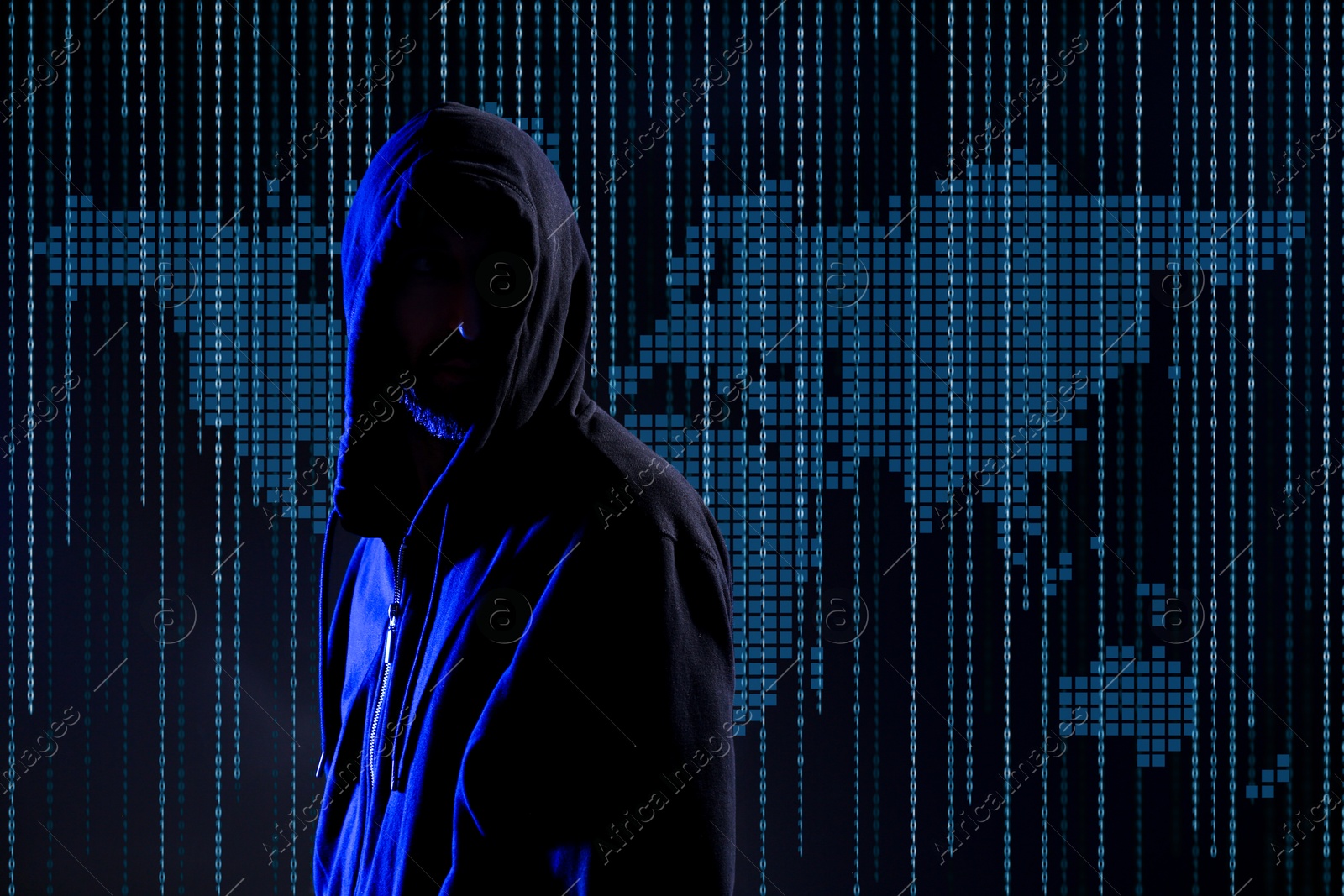 Cyber attack. Anonymous hacker against virtual world map and binary code Image of Cyber attack. Anonymous hacker against virtual world map and binary code