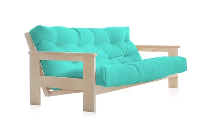 Image of Turquoise sofa isolated on white. Furniture for living room interior