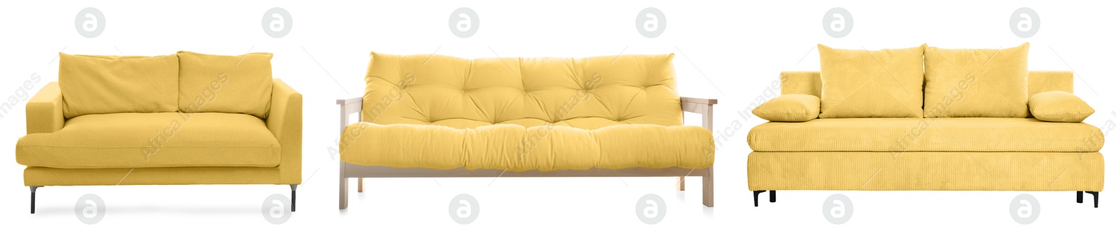 Different yellow sofas isolated on white, set. Furniture for living room interior Image of Different yellow sofas isolated on white, set. Furniture for living room interior