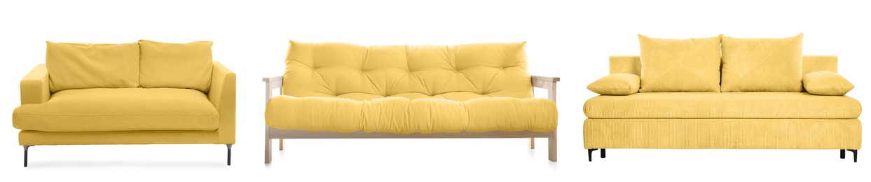 Image of Different yellow sofas isolated on white, set. Furniture for living room interior