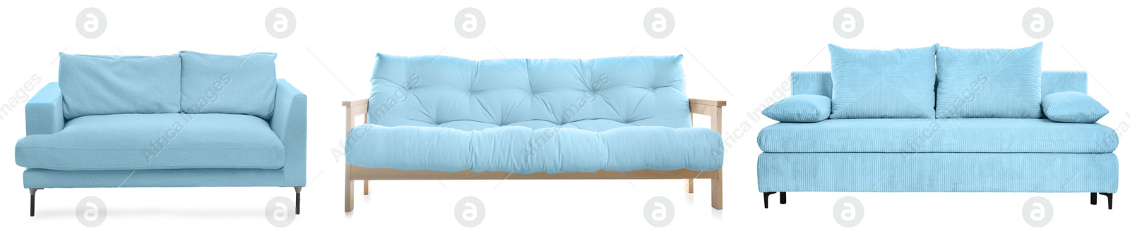 Different light blue sofas isolated on white, set. Furniture for living room interior Image of Different light blue sofas isolated on white, set. Furniture for living room interior