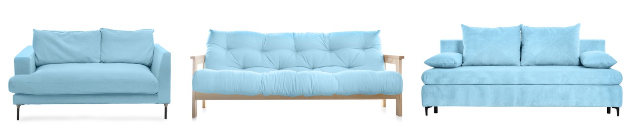 Image of Different light blue sofas isolated on white, set. Furniture for living room interior