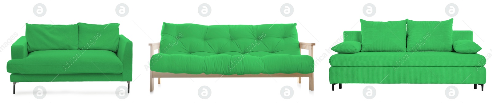 Different green sofas isolated on white, set. Furniture for living room interior Image of Different green sofas isolated on white, set. Furniture for living room interior