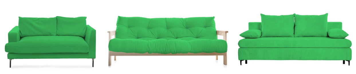 Image of Different green sofas isolated on white, set. Furniture for living room interior