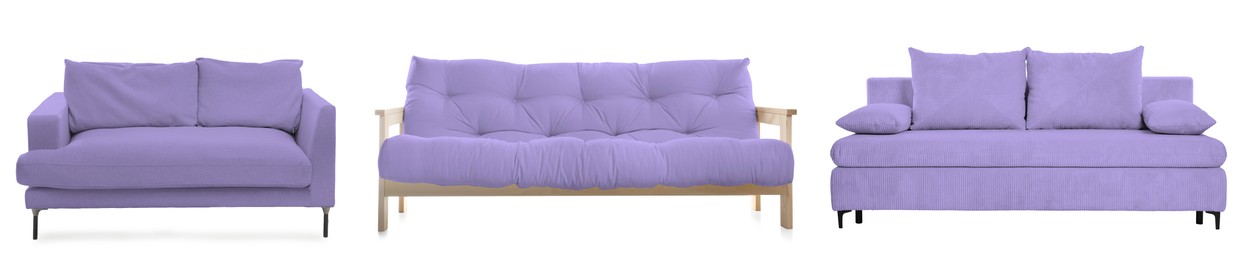 Image of Different pastel purple sofas isolated on white. Furniture for living room interior