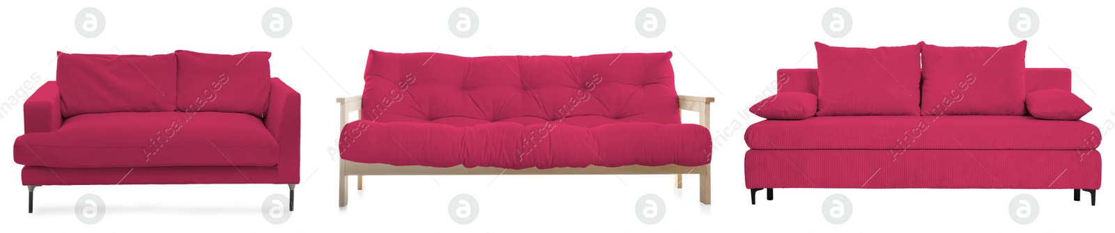 Different crimson sofas isolated on white. Furniture for living room interior Image of Different crimson sofas isolated on white. Furniture for living room interior