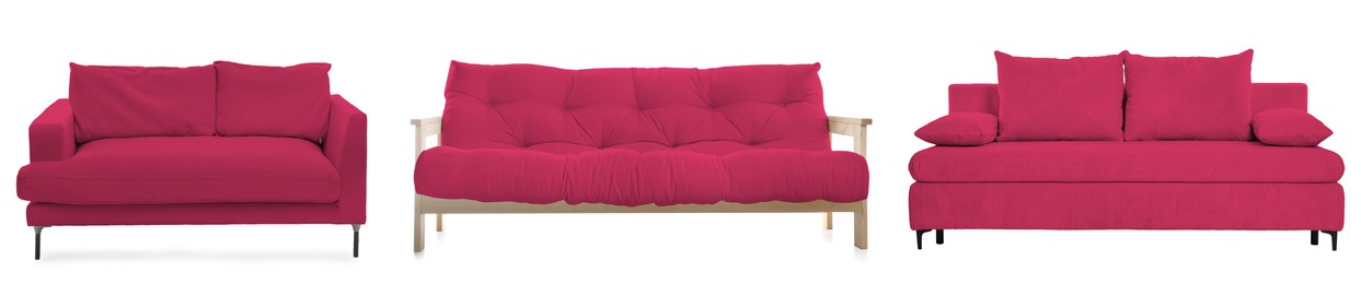 Image of Different crimson sofas isolated on white. Furniture for living room interior